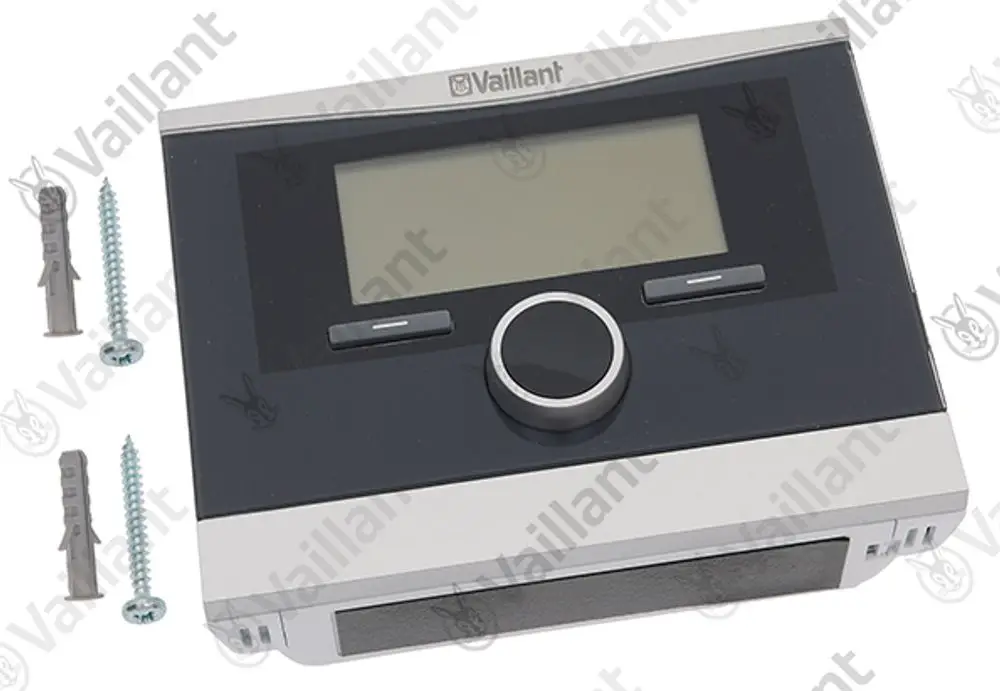 Regler von Vaillant mit Display und Bedienelementen, umgeben von Montagematerial wie Schrauben und Dübel. Einheit in grauer und schwarzer Farbgestaltung.
